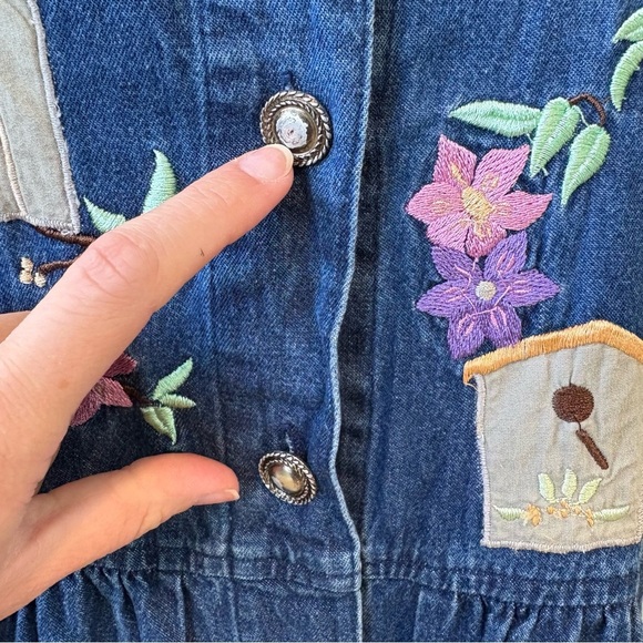Vintage Denim Embroidered Grandmacore Hummingbird Maxi Dress Sz M - Picture 12 of 16